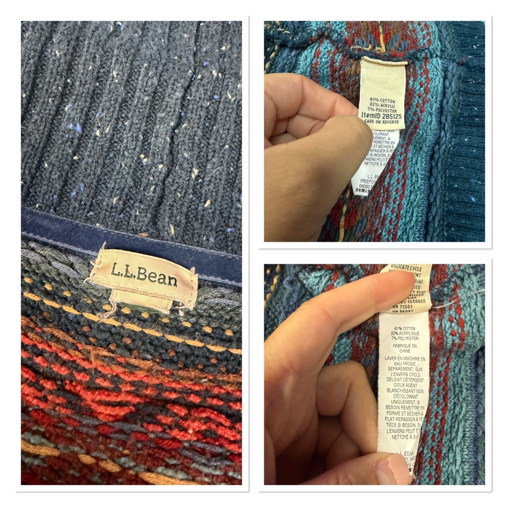 LL Bean Womens Blue Fair Isle Shawl Collar Open Front Cardigan Cabin Grandpa  L - Picture 5 of 14
